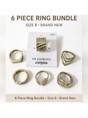 New 6 piece Gold Ring Bundle Size 8 Celestial Angel Chunky Wide Band Chainlink